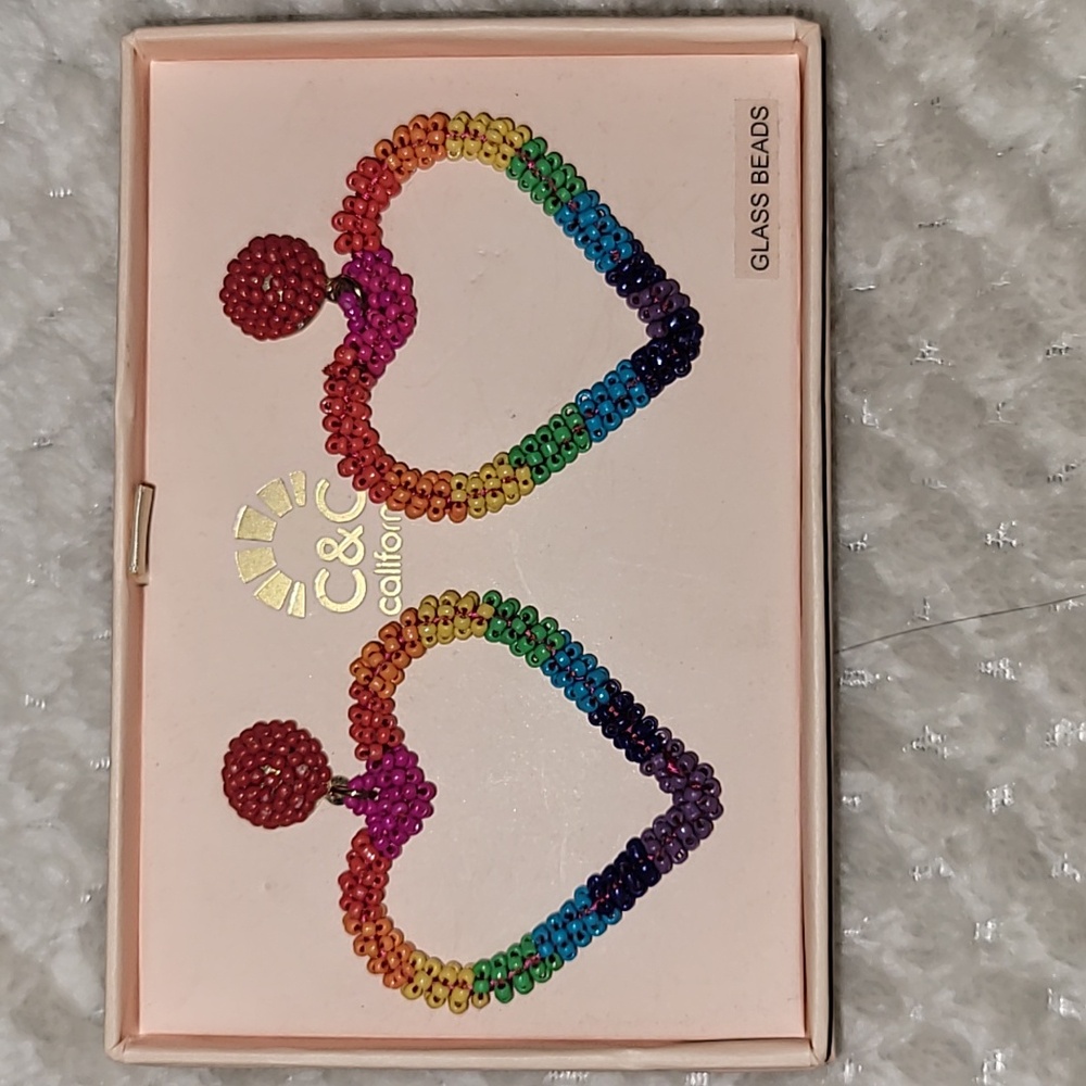 C&C California rainbow glass bead heart earrings
